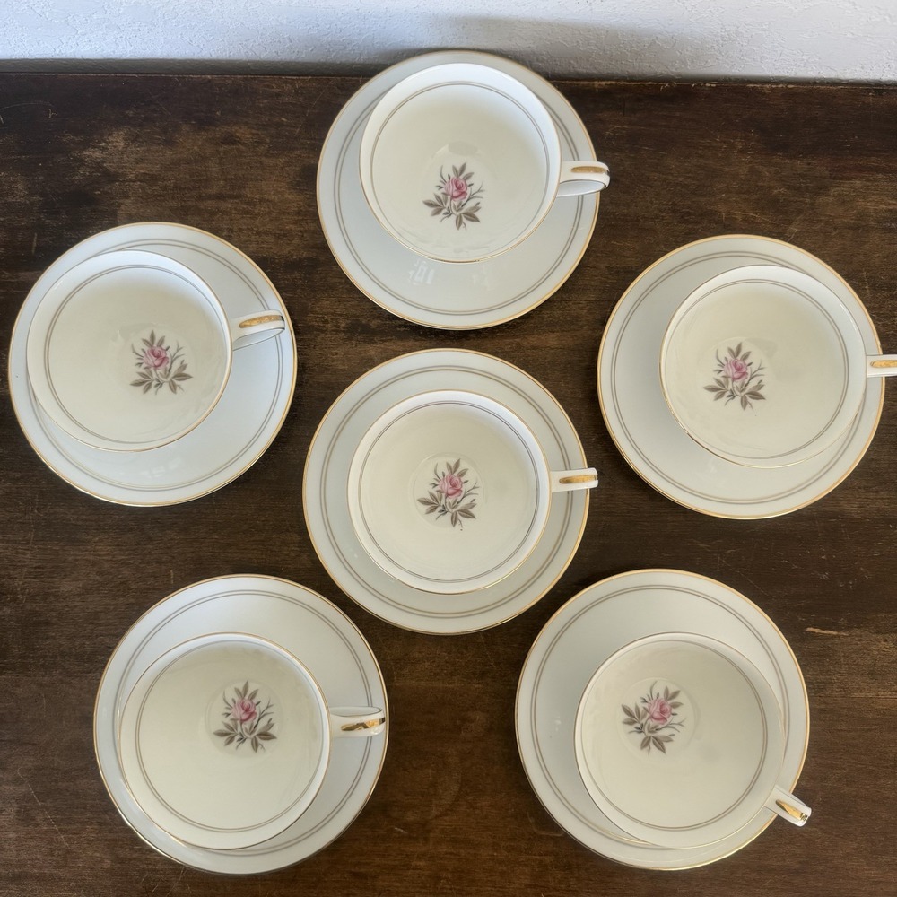 Set Of 6 Noritake Daryl‎ #5510 Tea Coffee Cup and Saucer Vintage Rose Gold Trim